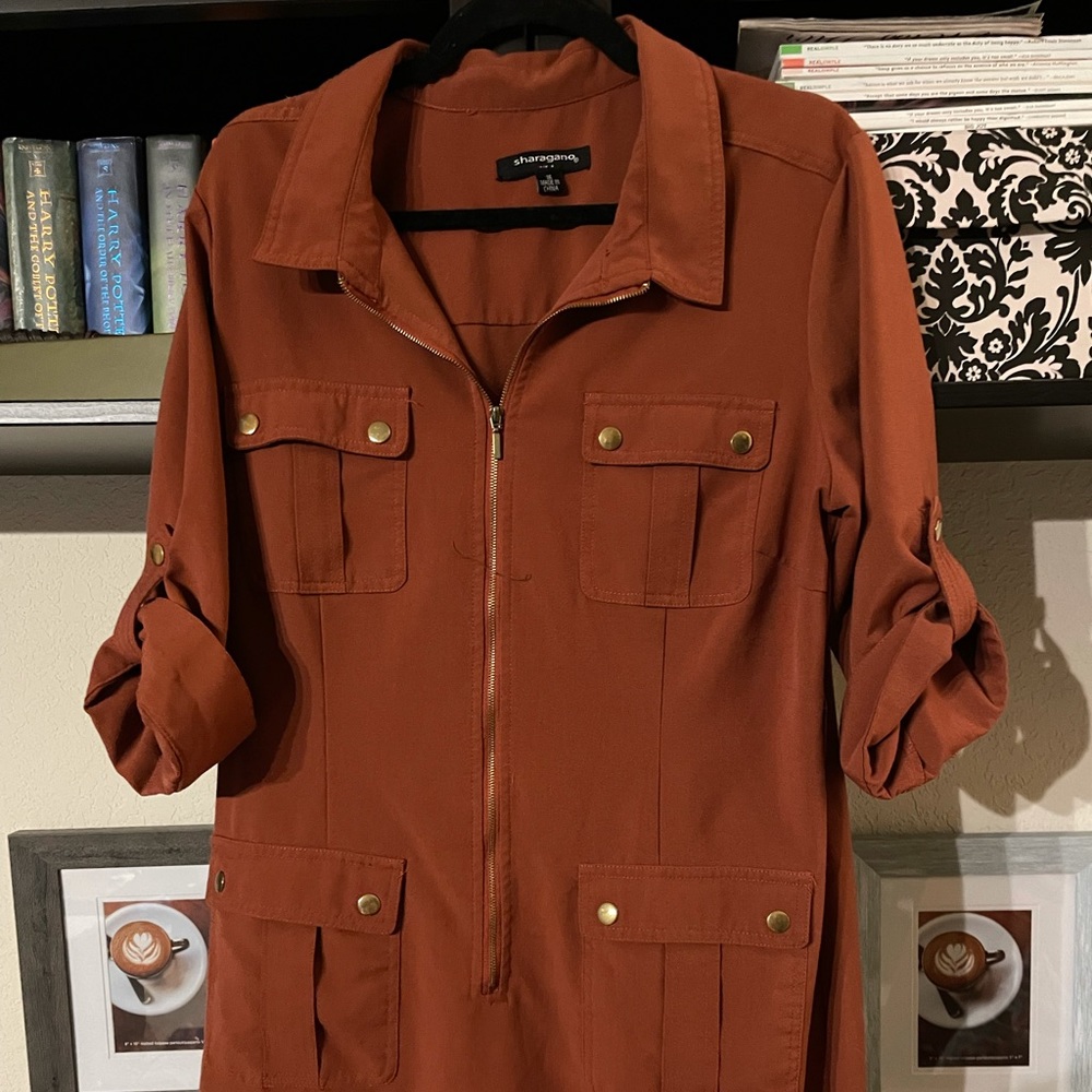 Rust colored midi dress with gold zipper